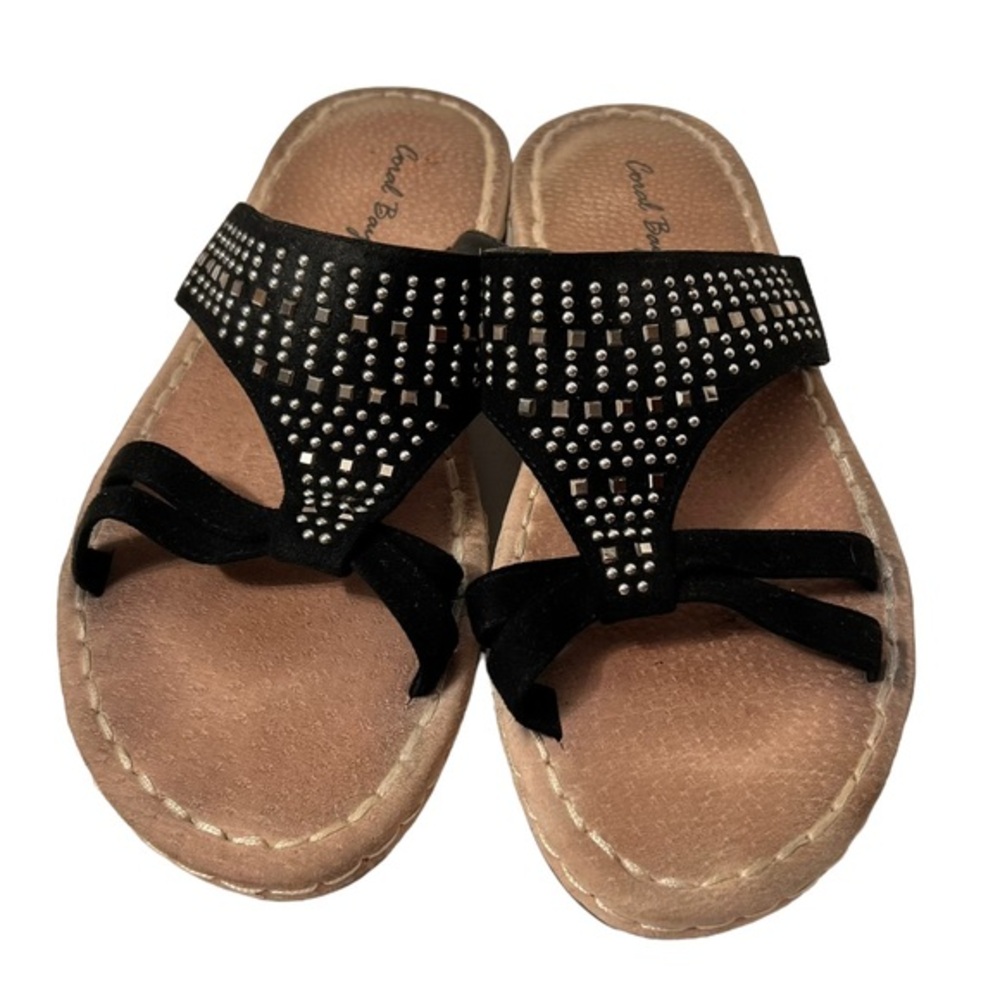 Coral Bay Paxton Women’s Black Sparkle T-Strap Low Wedge Sandals Size 9M